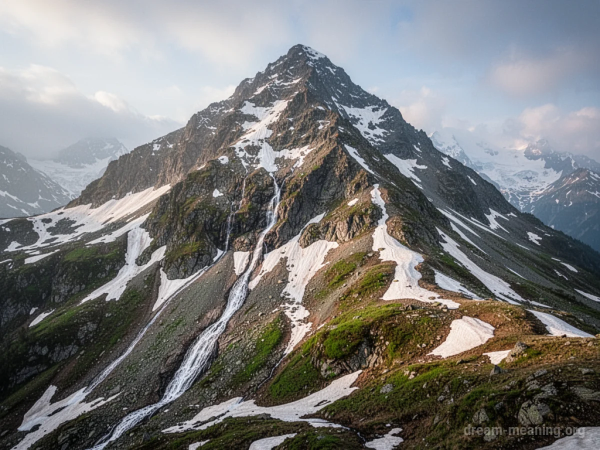 A mountain peak with melting snow flowing down.