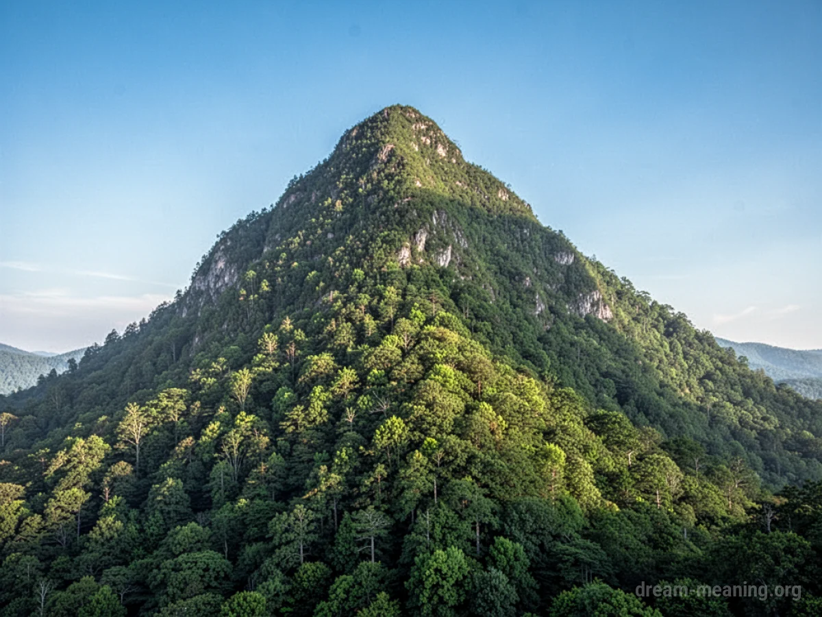 A tall mountain covered in dense green trees.