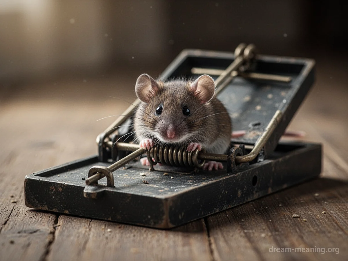 A small mouse emerges from a set mousetrap.