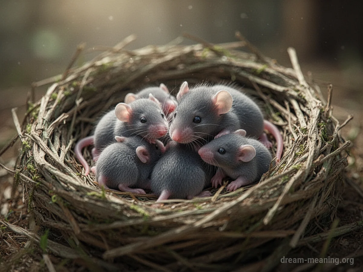 A group of very small newborn mice in a nest.