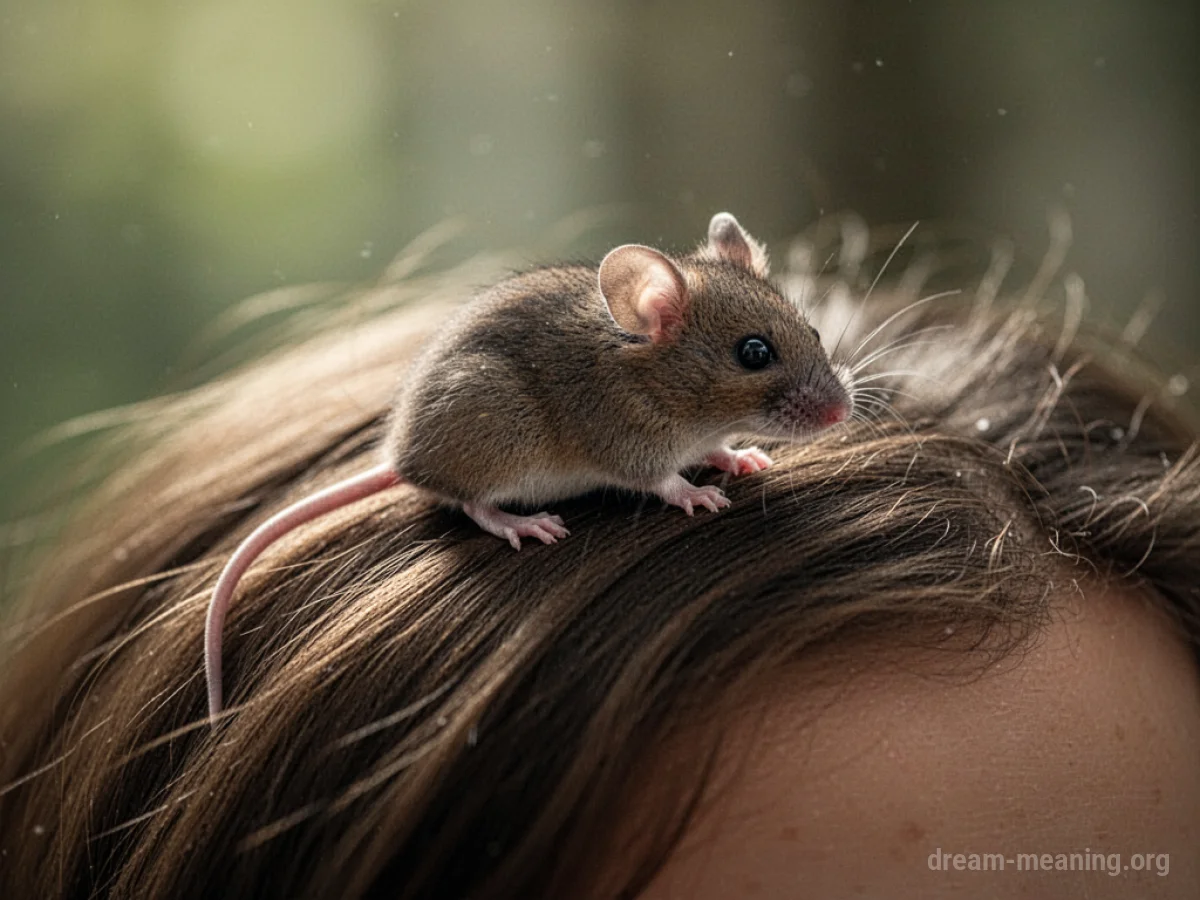 A small mouse perched on a strand of hair.