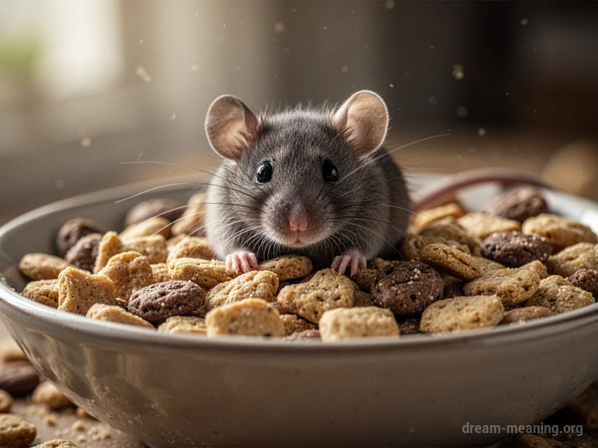 A small grey mouse's head is visible above the rim of a white ceramic bowl filled with food.