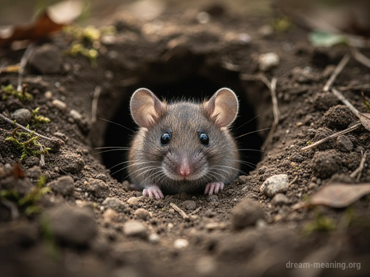 A small mouse with whiskers peeking out from the entrance of a dark hole.