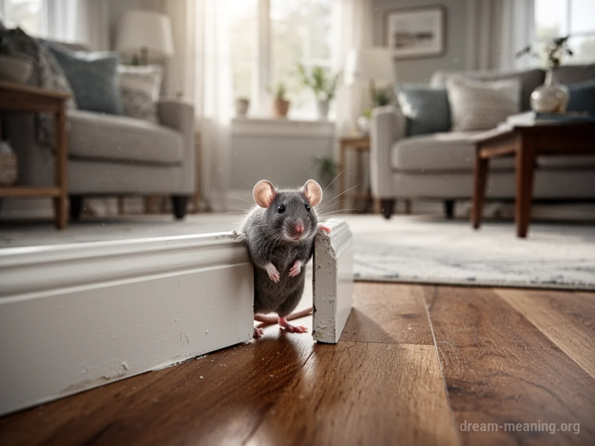 A small mouse is visible at the base of a wall in a room.