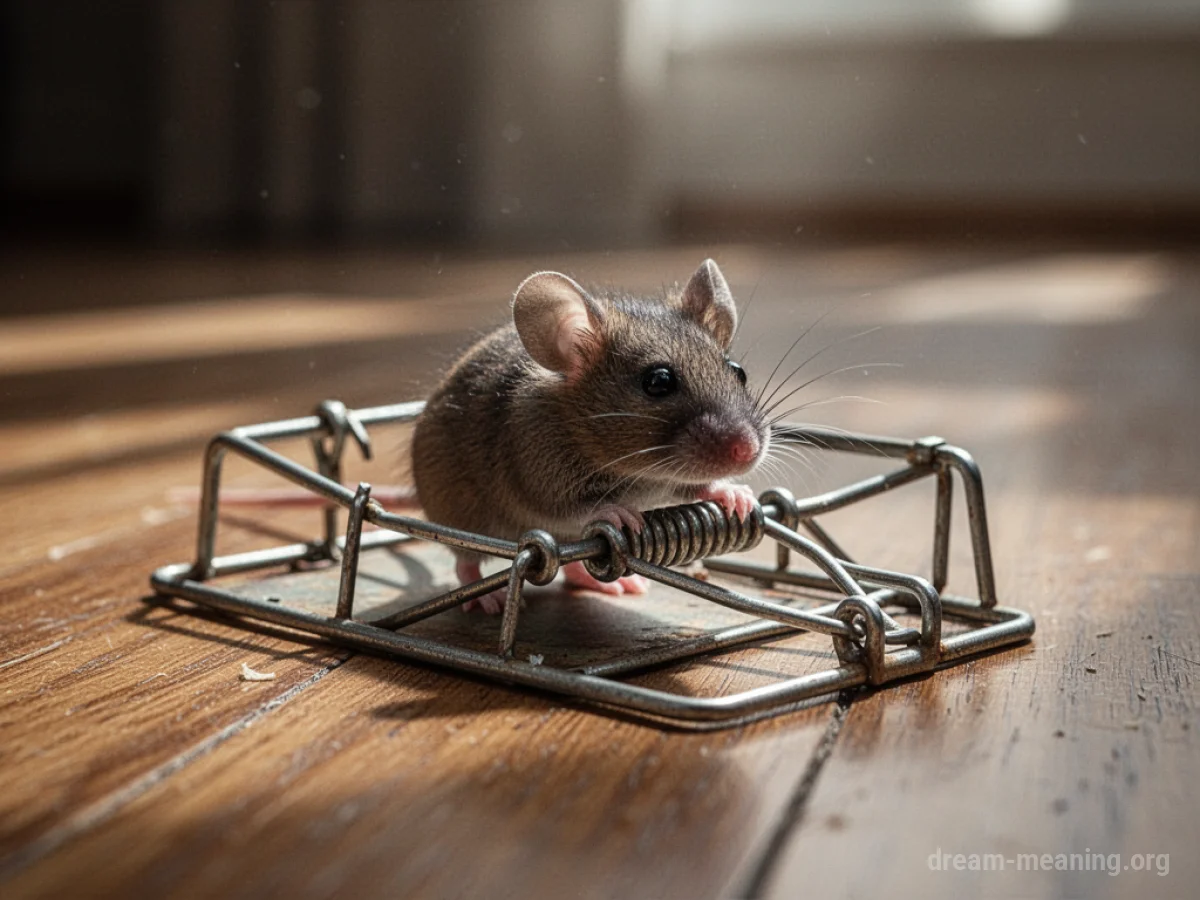 A small mouse is visible inside a metal jaw trap placed on a wooden surface.