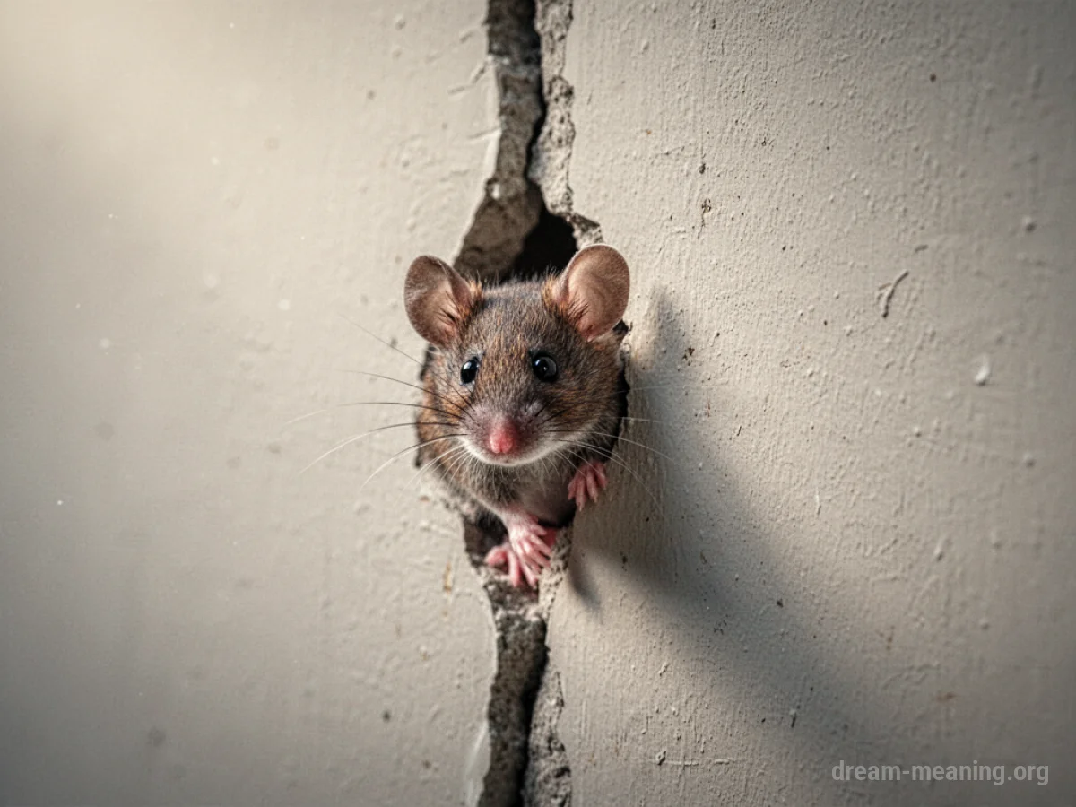 A mouse's head emerges from a narrow gap in a wall.