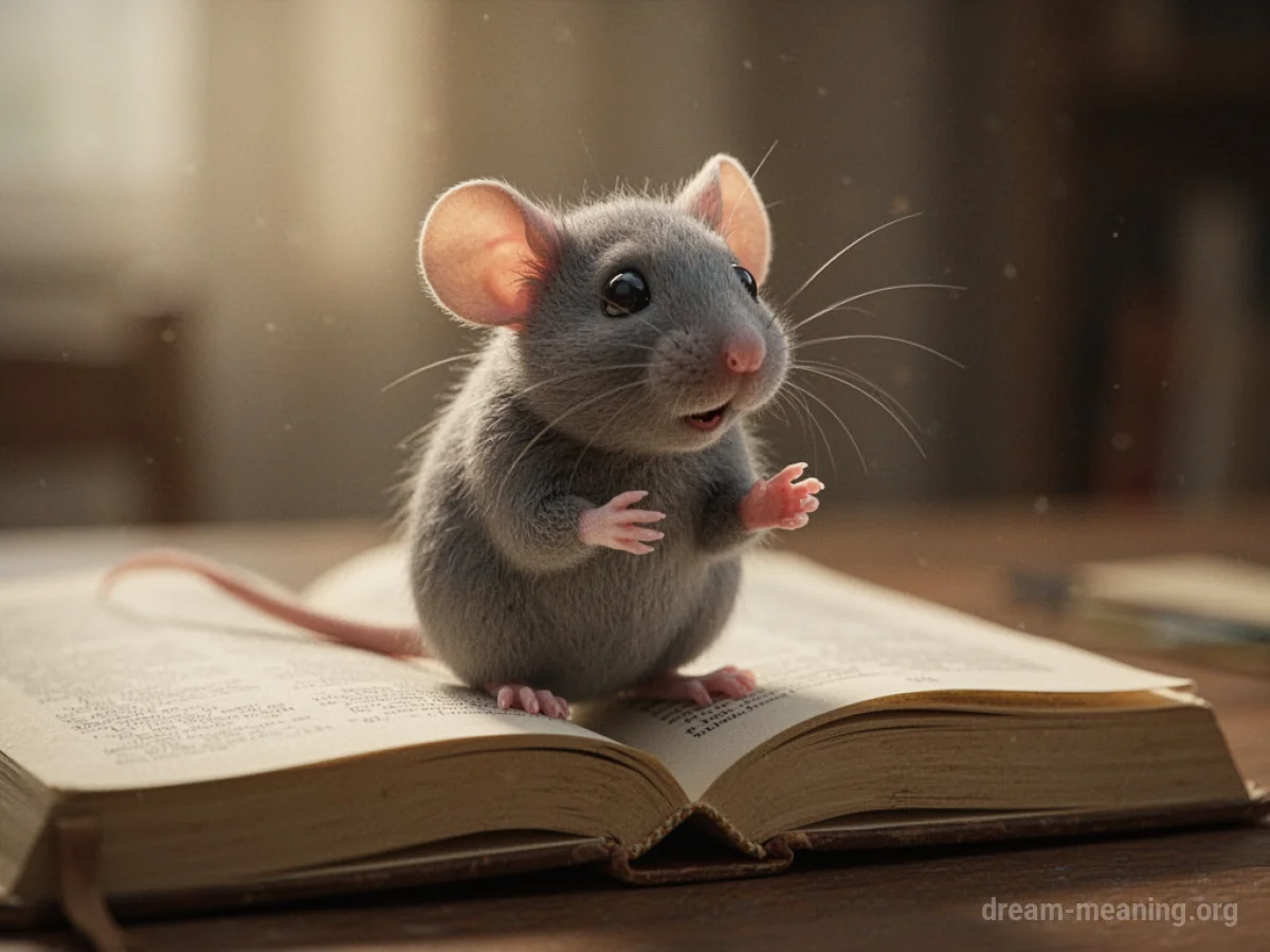 A small mouse on a book, facing forward as if speaking.