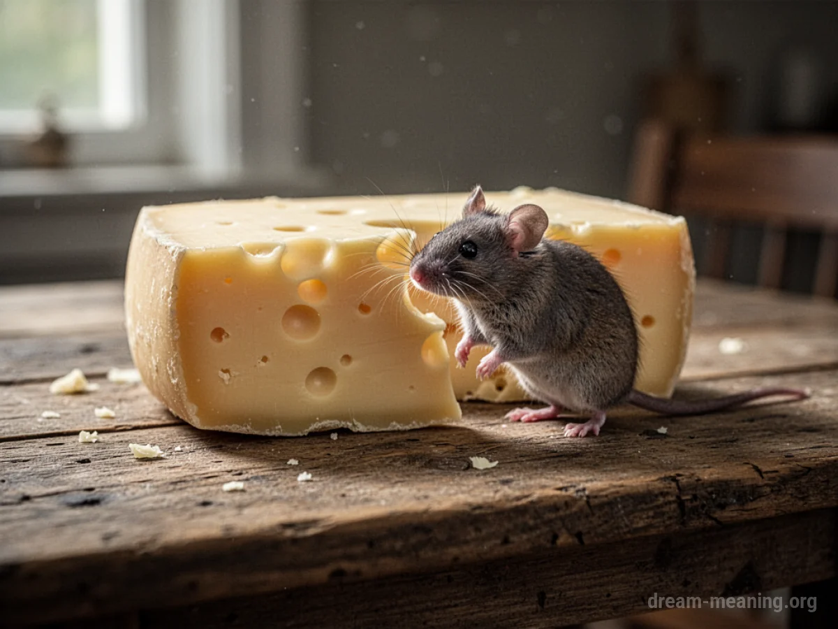 A small mouse looking at a large piece of cheese.