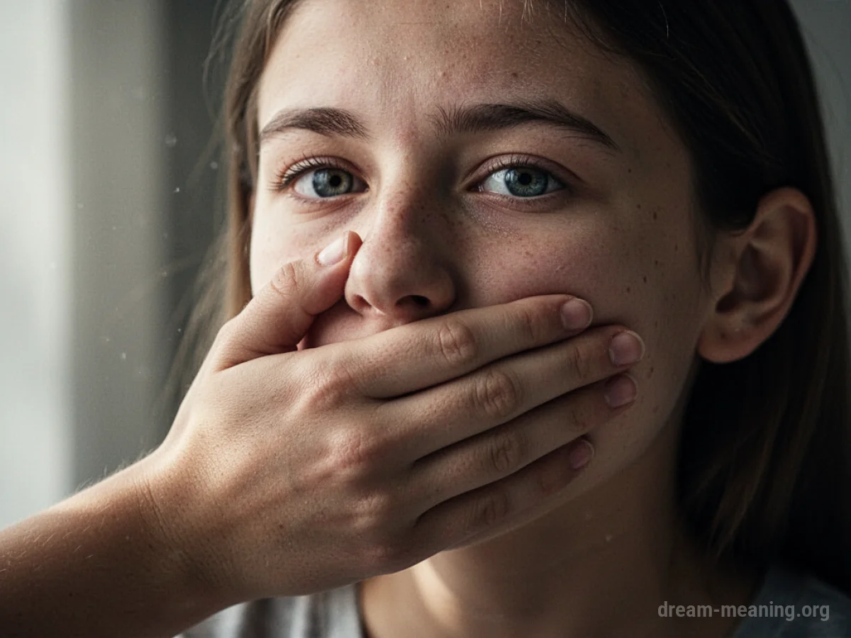 A hand positioned over a person's mouth.