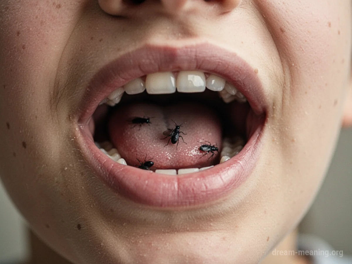 Close-up of a person's open mouth with several small, dark insects inside.