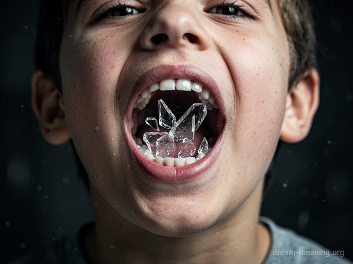 An open mouth with clear glass fragments inside.
