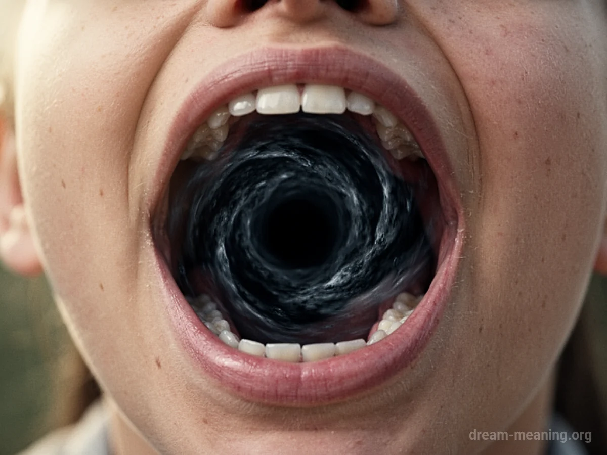 A human mouth stretched open to reveal a dark, swirling void inside.