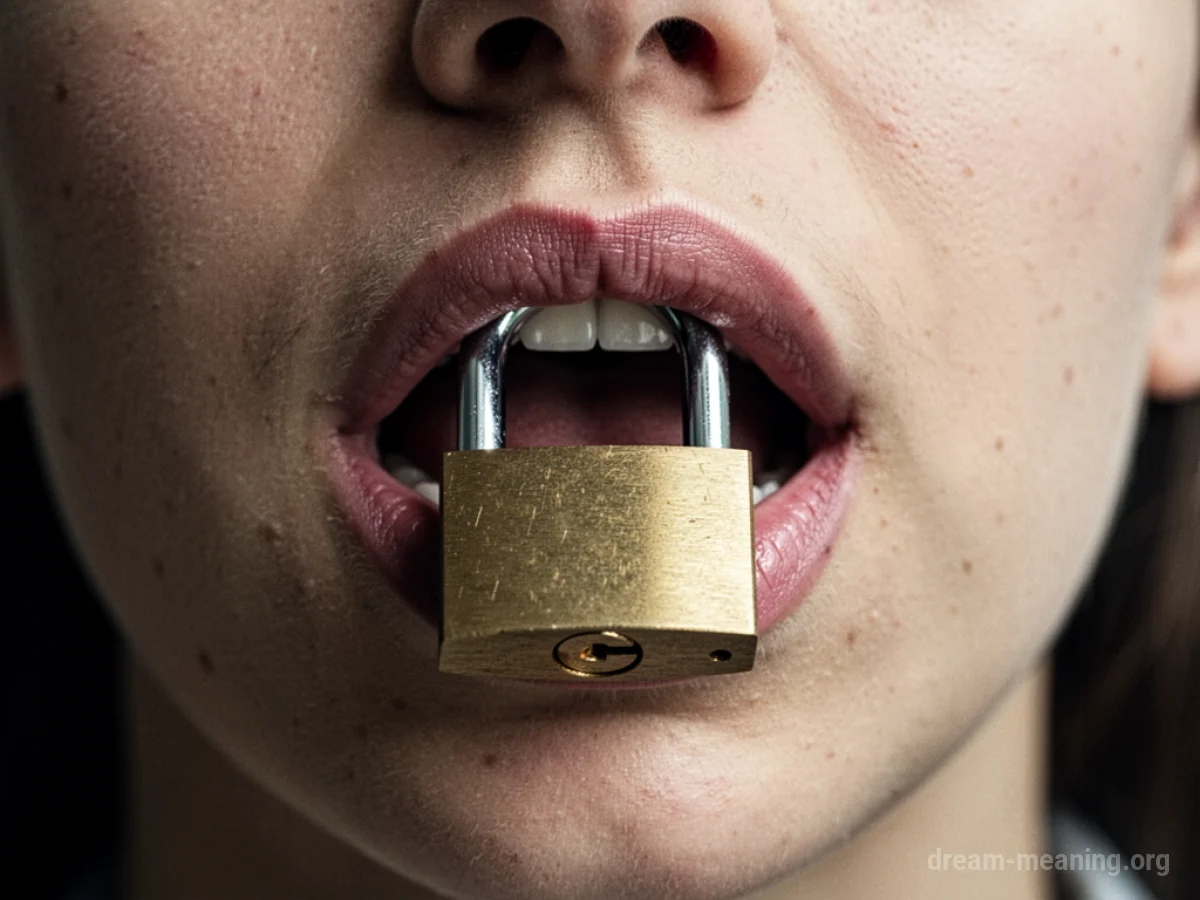 A metal padlock attached to the lips of a closed mouth.
