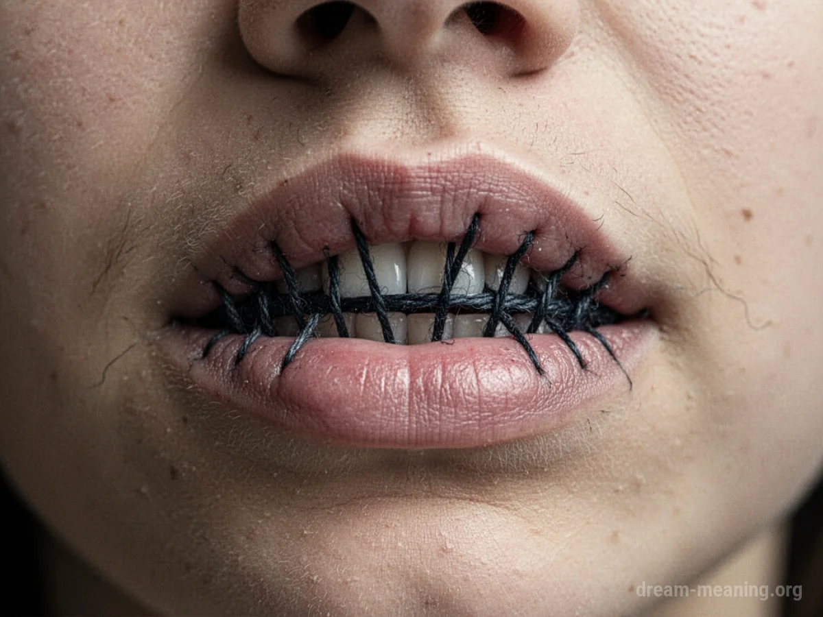 A person's lips stitched together with dark thread.