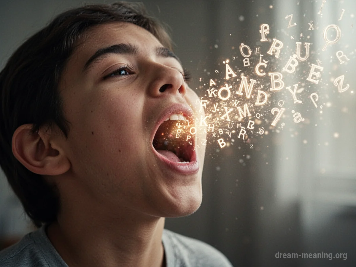A person's mouth emitting foreign linguistic symbols.