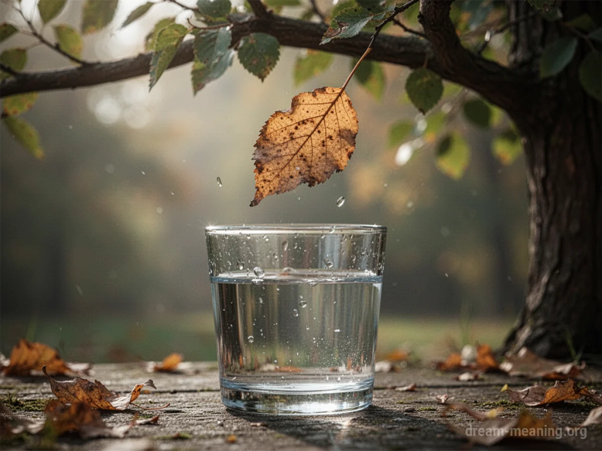 A dry, brown leaf dropping into a glass of clear water.