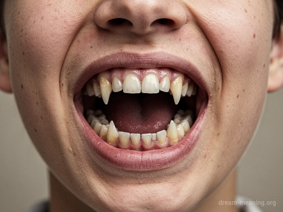A human mouth transitioning into an animal's maw with visible teeth.
