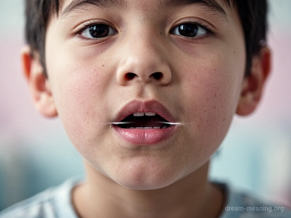 A person's mouth is depicted with lips slightly parted, showing a thin, unmoving gap.