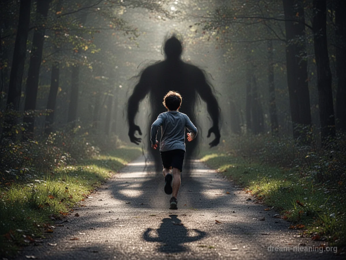 Silhouette of a person running away from a large, dark shadow.