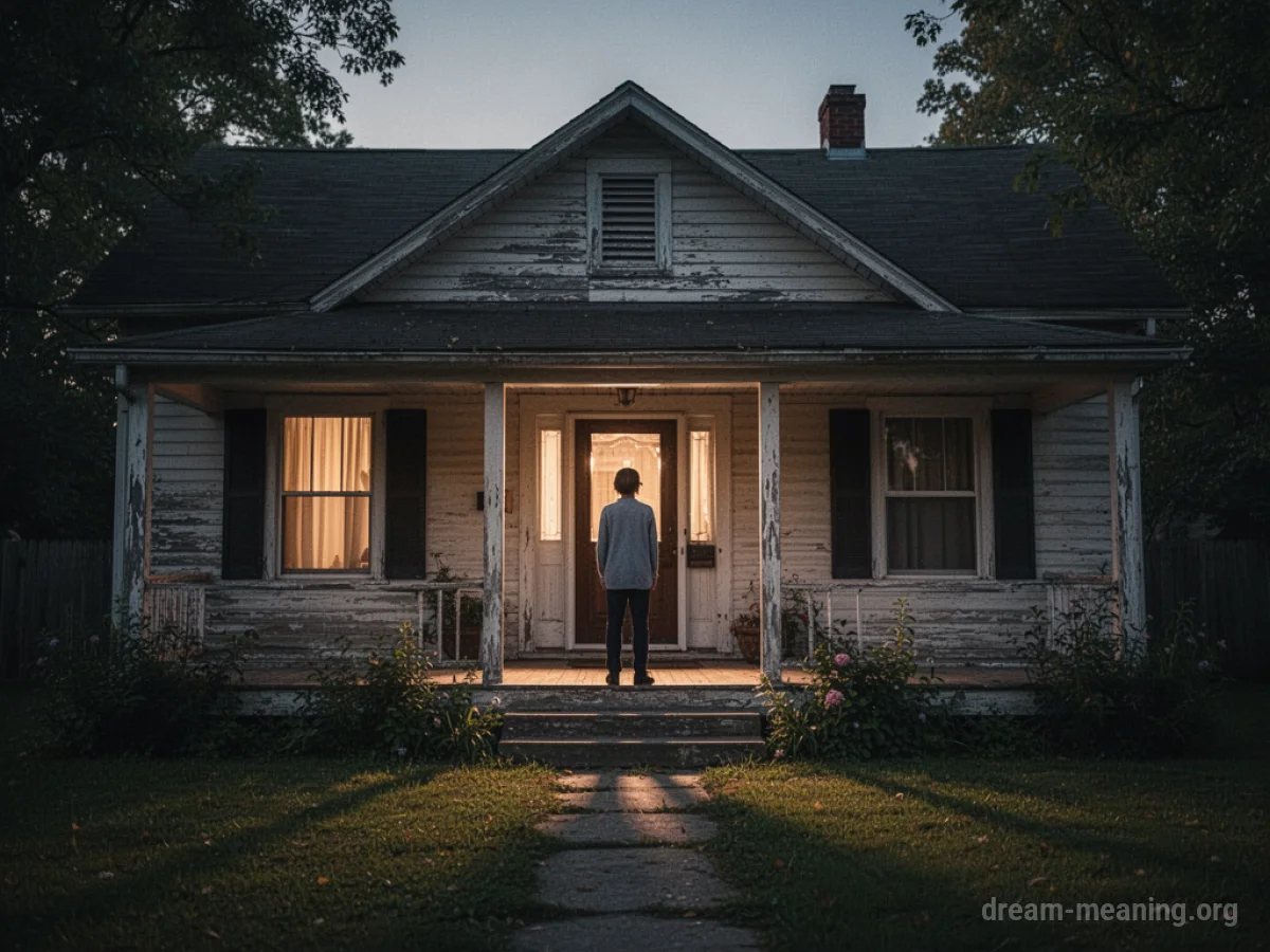A person standing on the porch of a house at dusk.