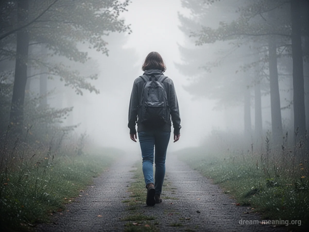 A silhouette of a person walking backward on a path disappearing into fog.