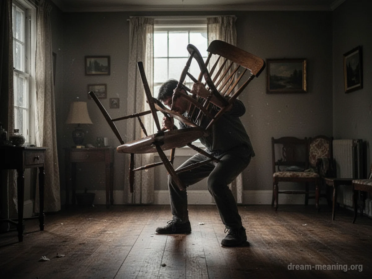 A person lifting a wooden chair in a dark room.