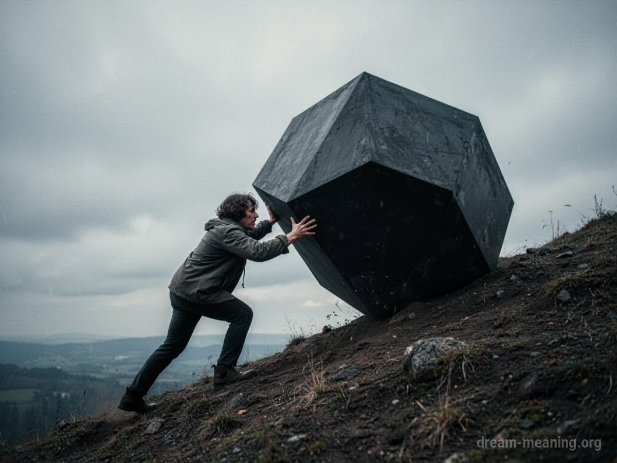 A person pushing a large, dark shape uphill.