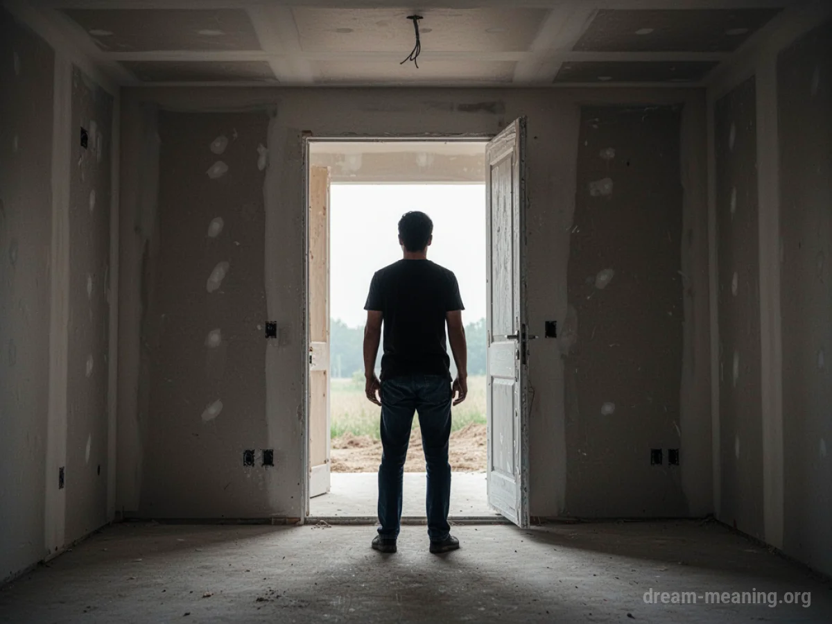 Silhouette of a person in an empty doorway of a new house.