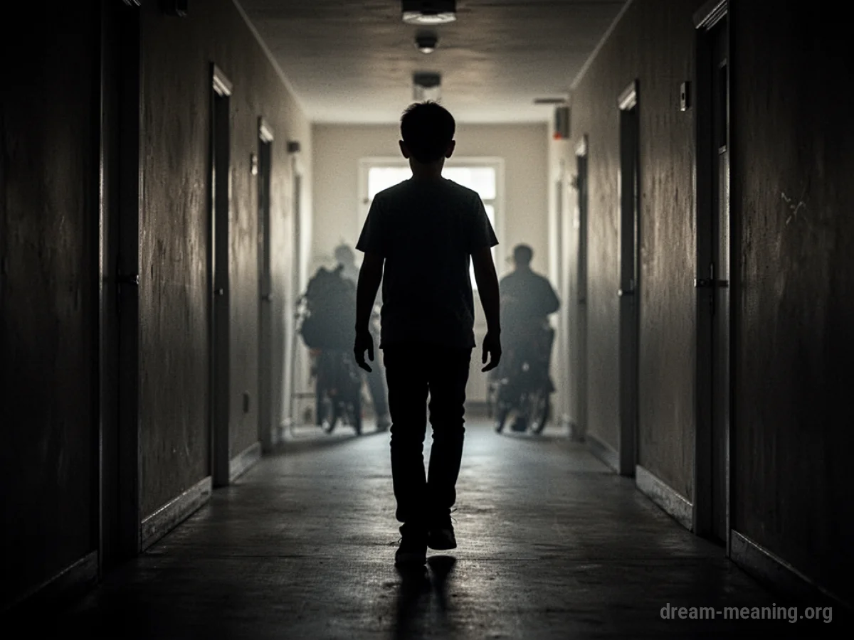 Silhouette of a person walking down a dark hallway.