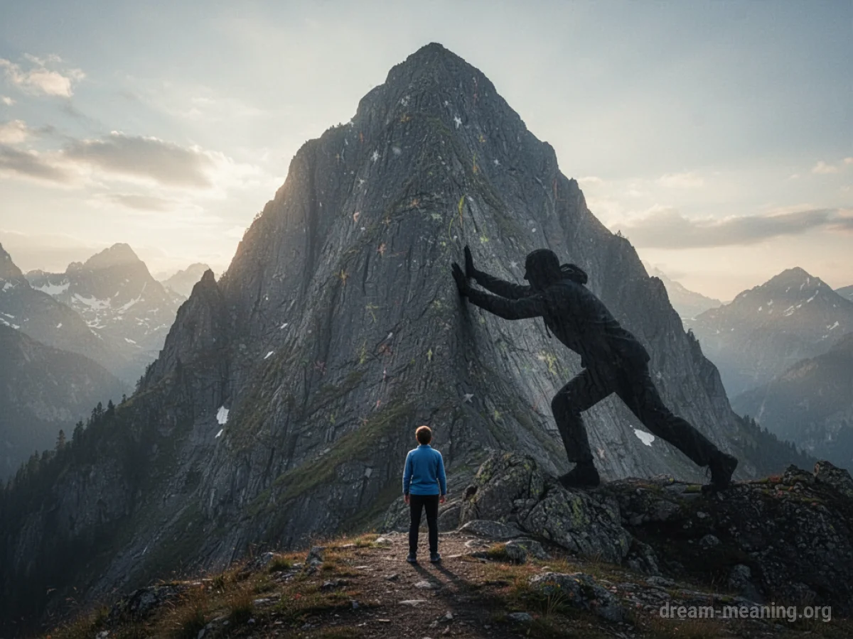 A silhouette of a person pushing against the base of a large mountain.