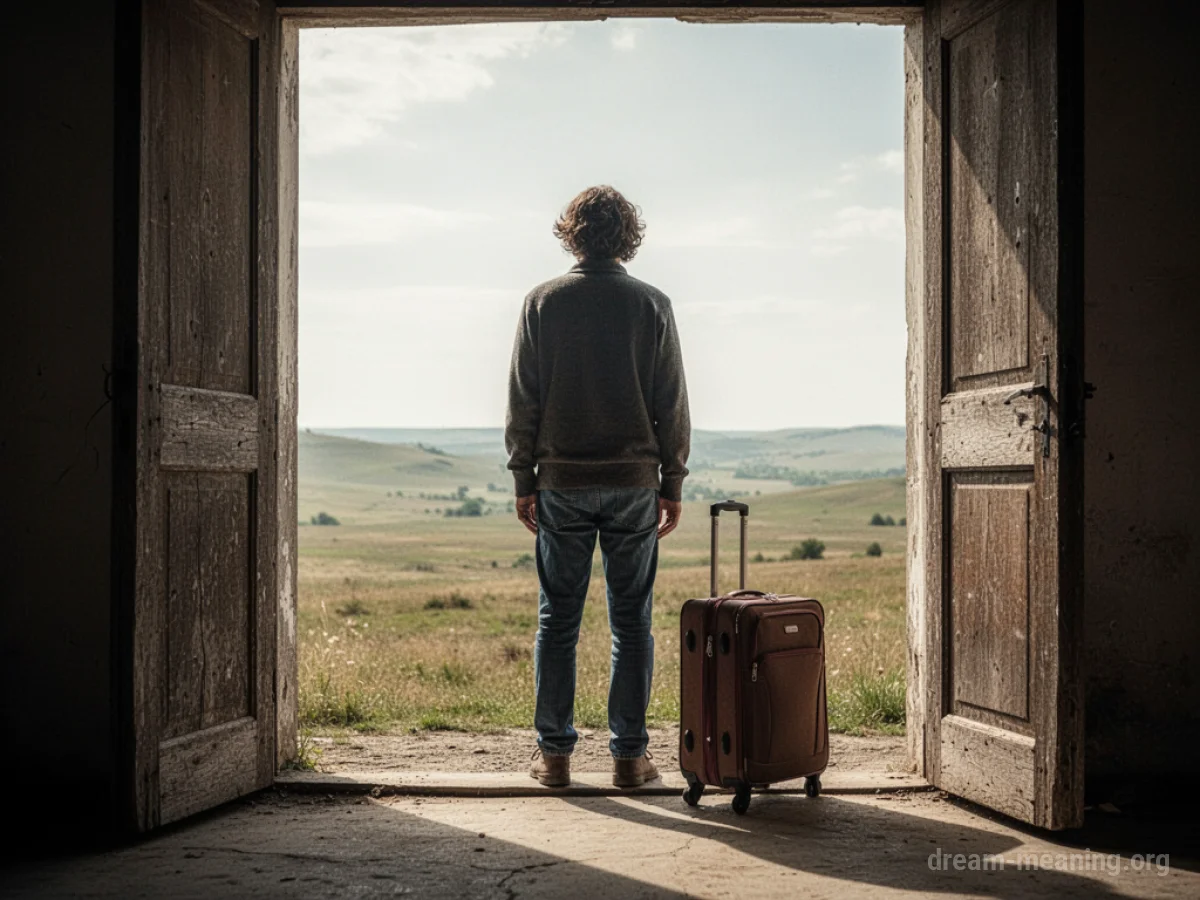 A person standing at an open doorway facing a bright, expansive vista with a suitcase.