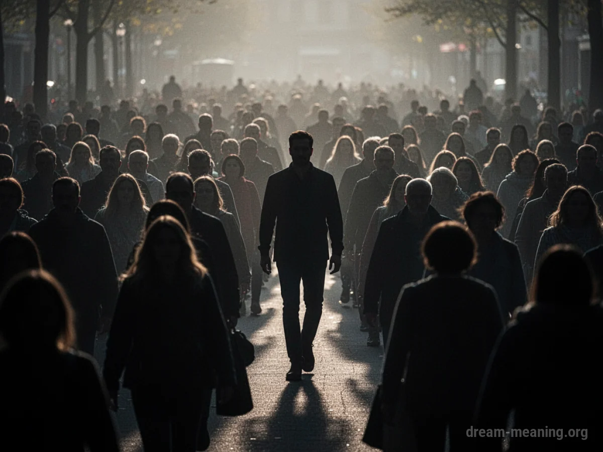 A lone figure walking amidst a dense group of indistinct figures.