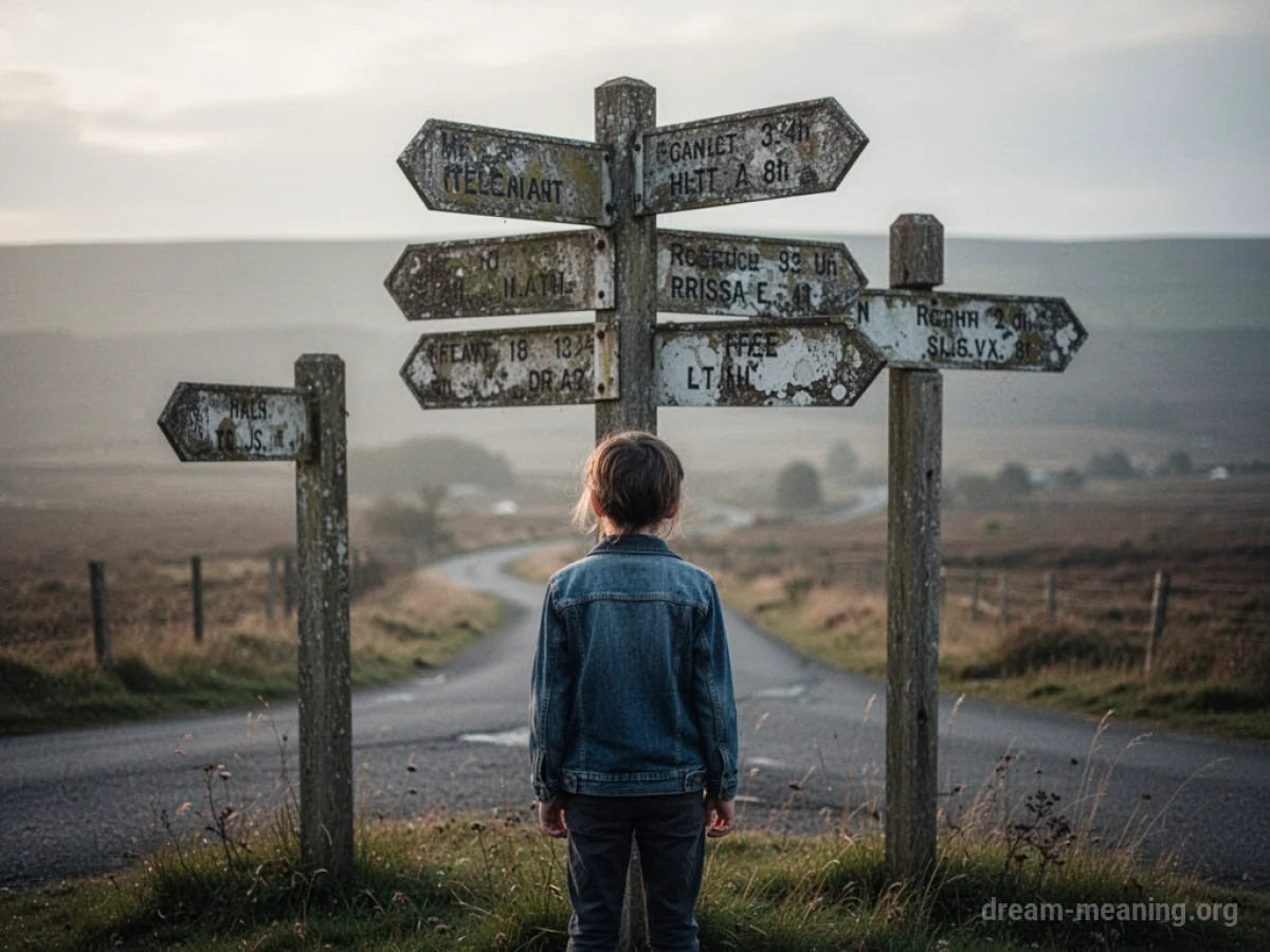 A person stands at a crossroads with signs pointing in different directions.