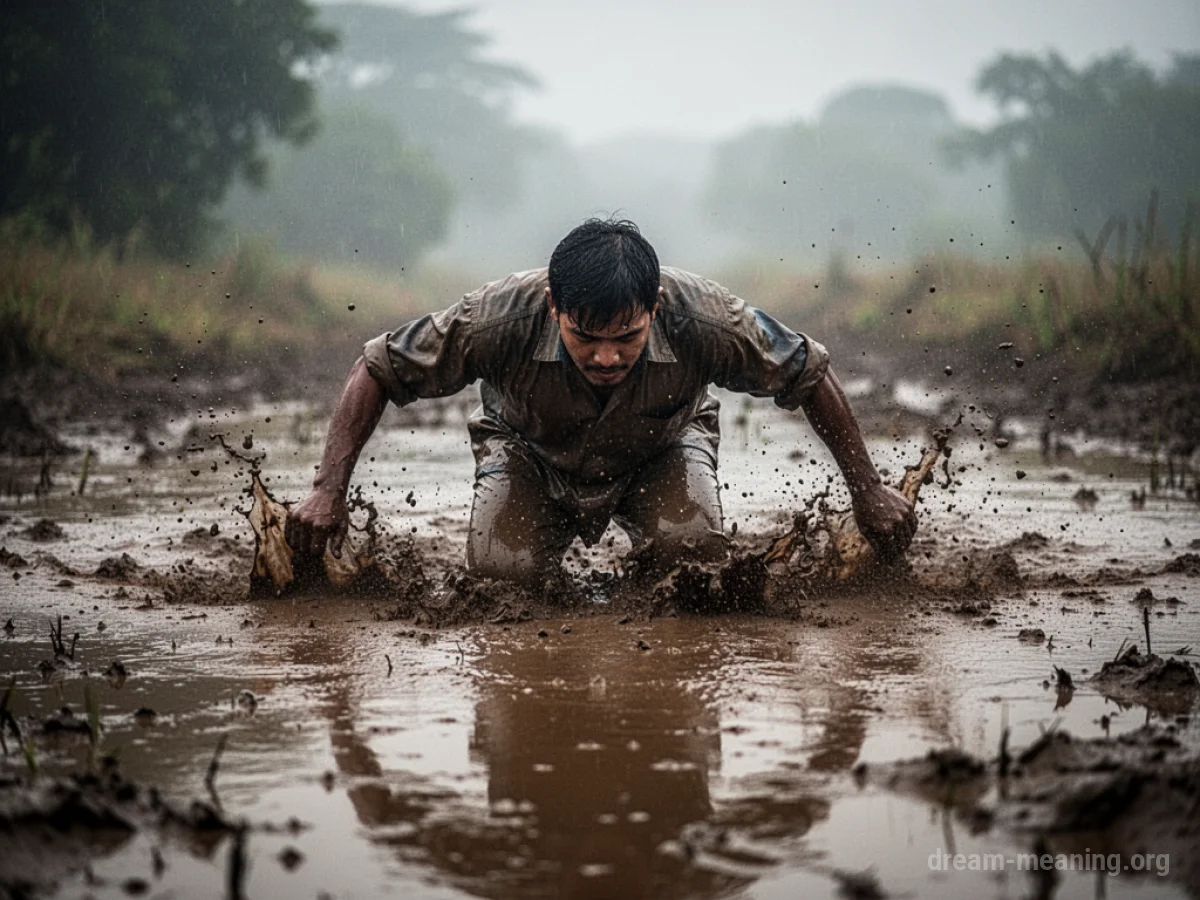 A person's legs sinking into dark mud, with their upper body leaning forward.