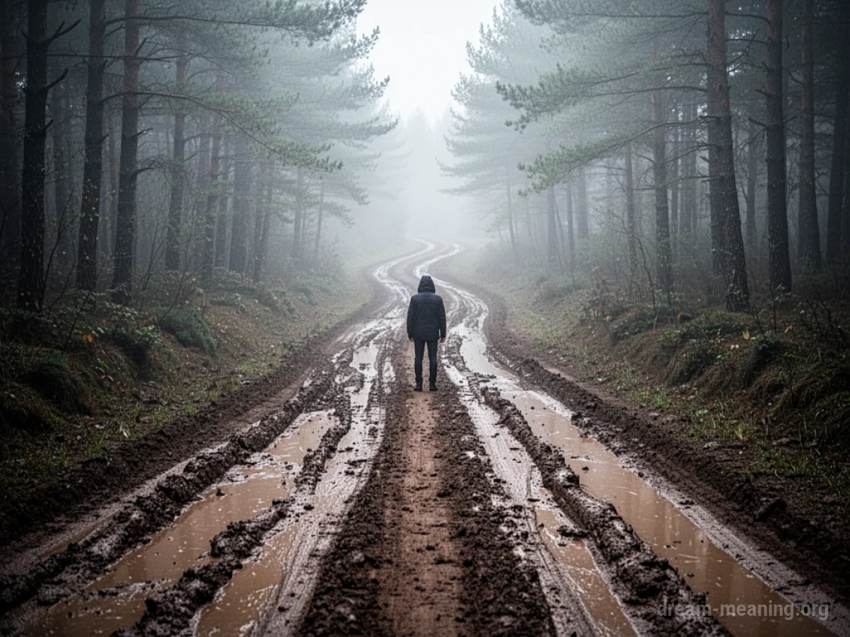 A muddy dirt road winding through a misty forest.
