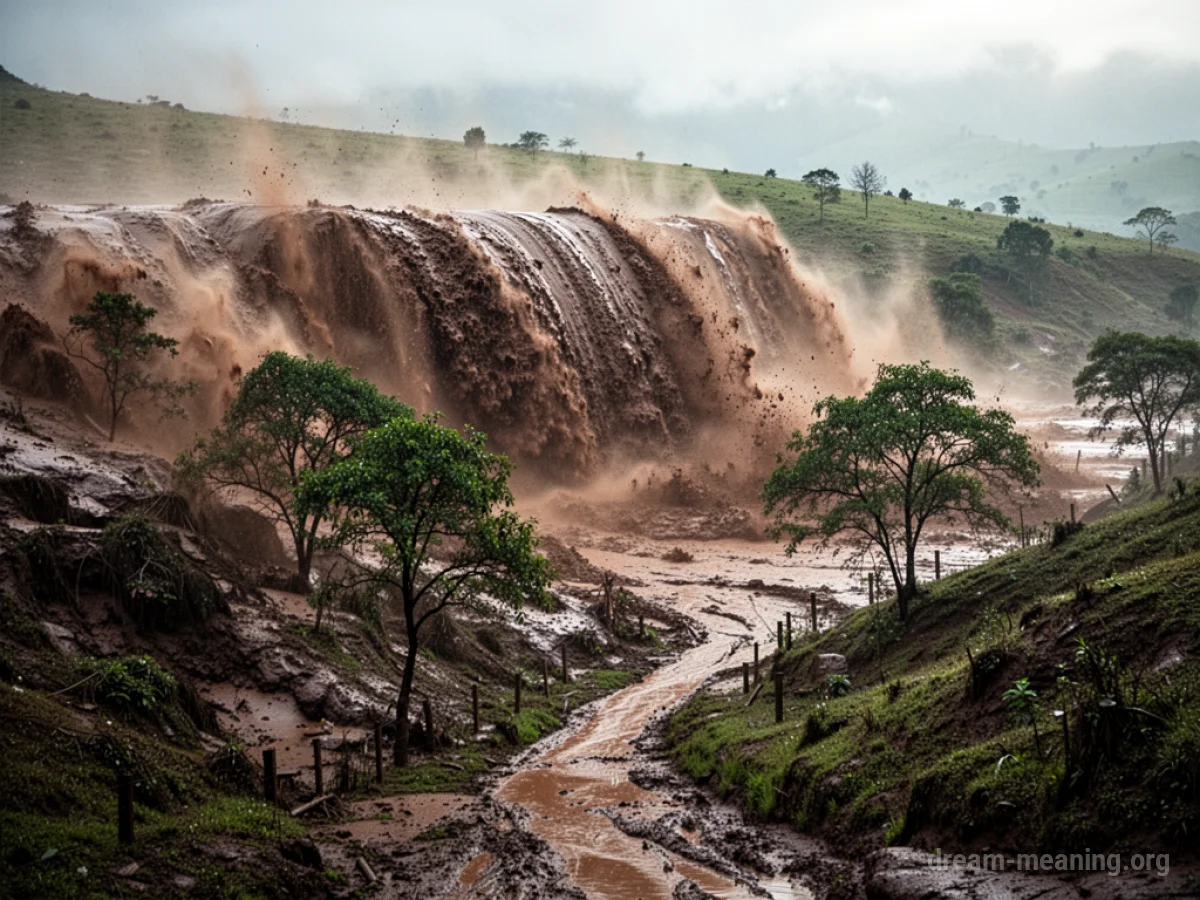 A large wave of brown mud flowing down a sloped terrain.