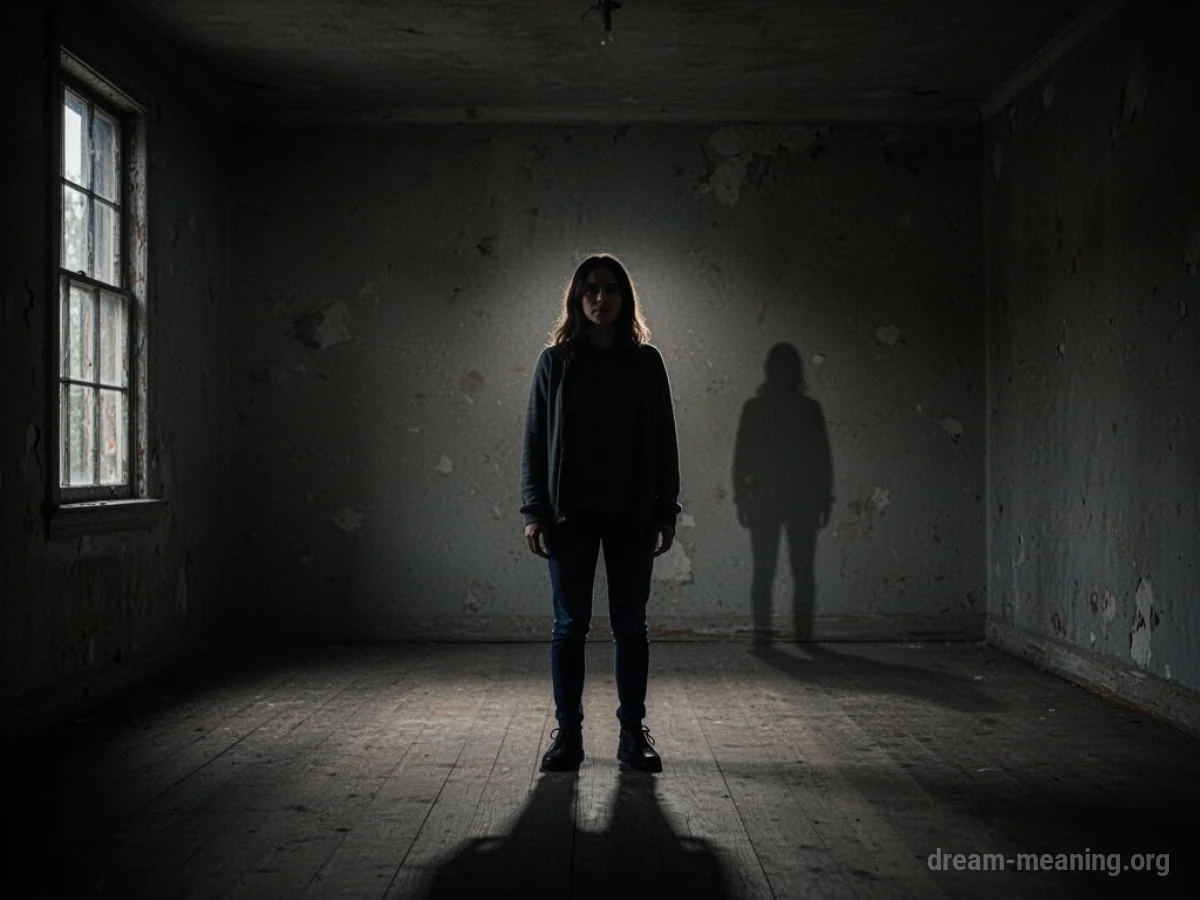 Silhouette of a person in a dimly lit, empty room with another distant figure.