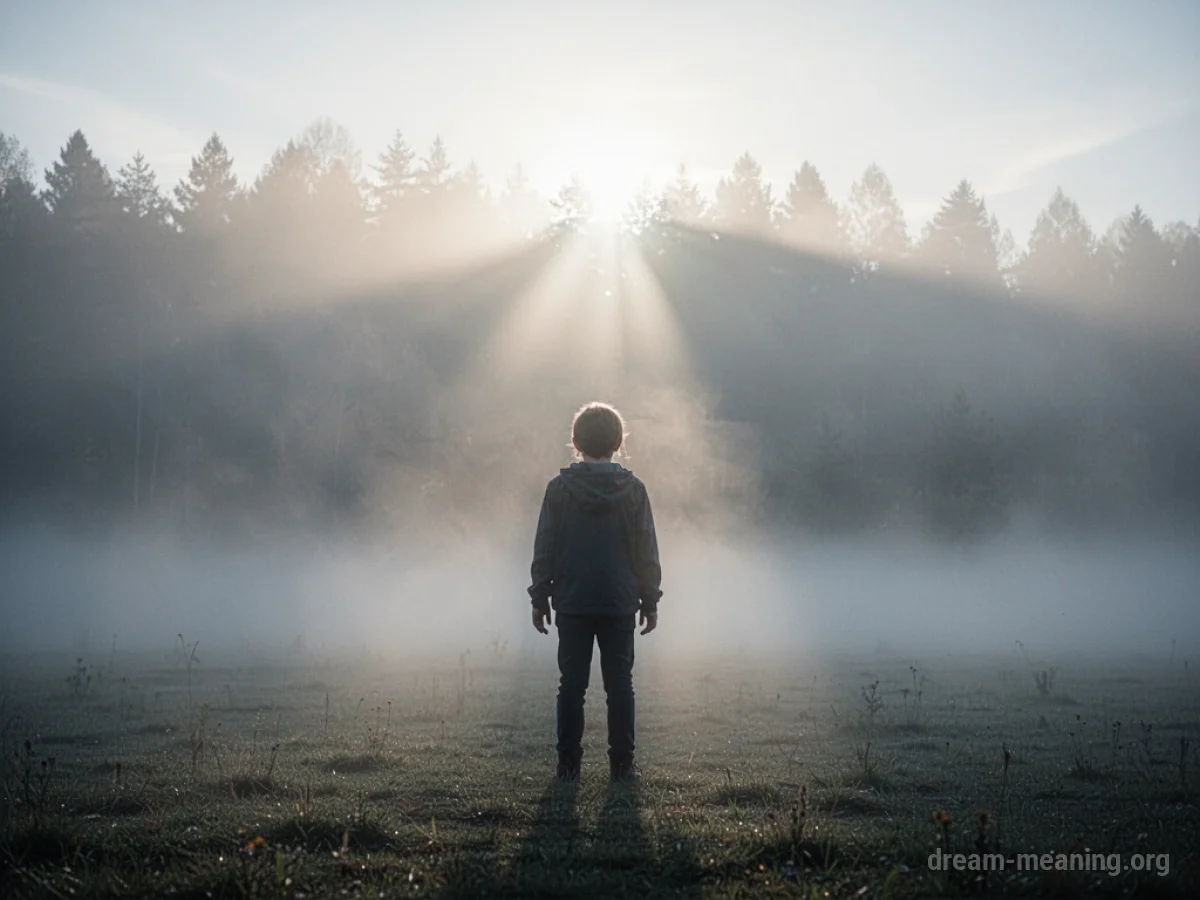 A silhouette of a person standing in a clearing with fog and sunlight.