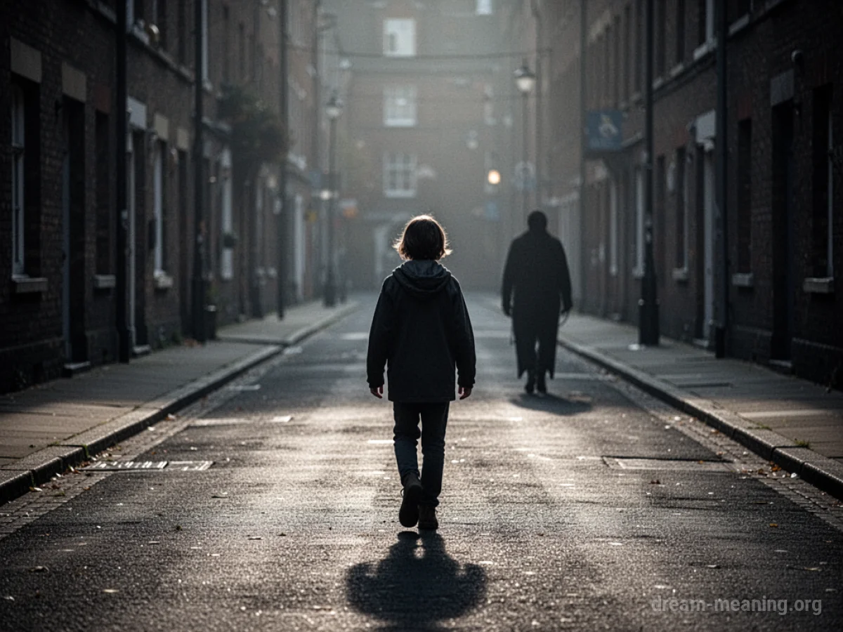Silhouette of a person walking away from a distant, shadowy figure on a dark street.