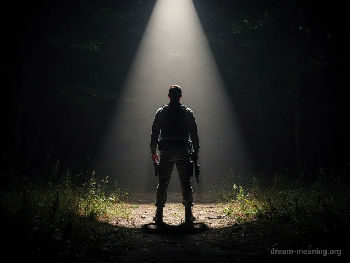 Silhouette of a person in a spotlight with a faint gun outline.