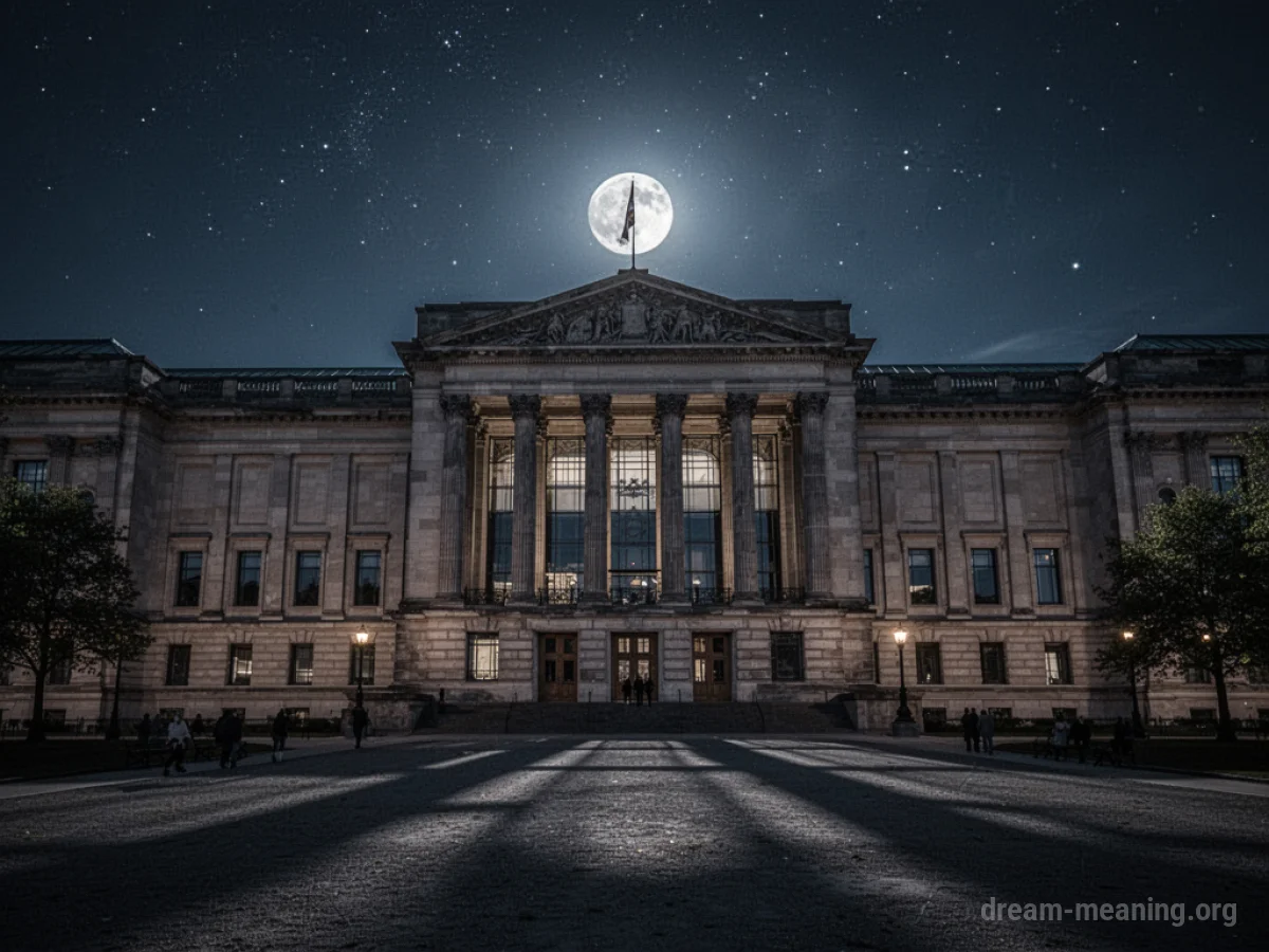 A grand museum exterior illuminated by moonlight against a dark night sky.