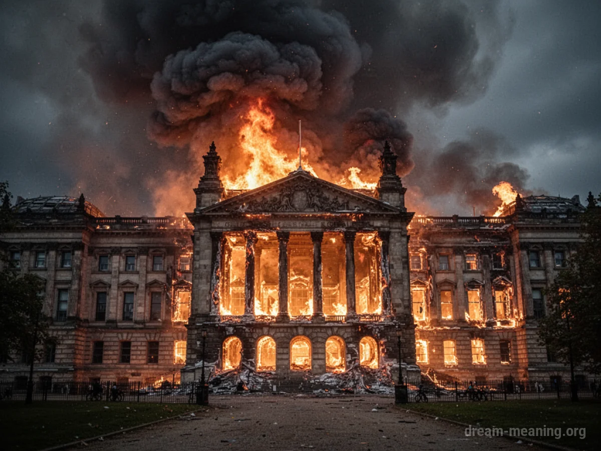A large museum building with flames and smoke emerging from its structure.