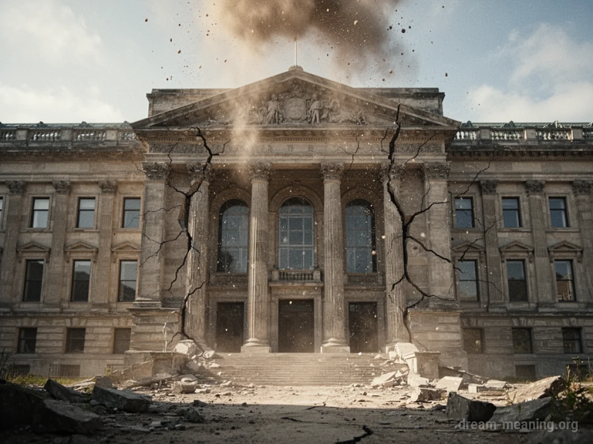 A large museum building with visible structural damage and falling debris.