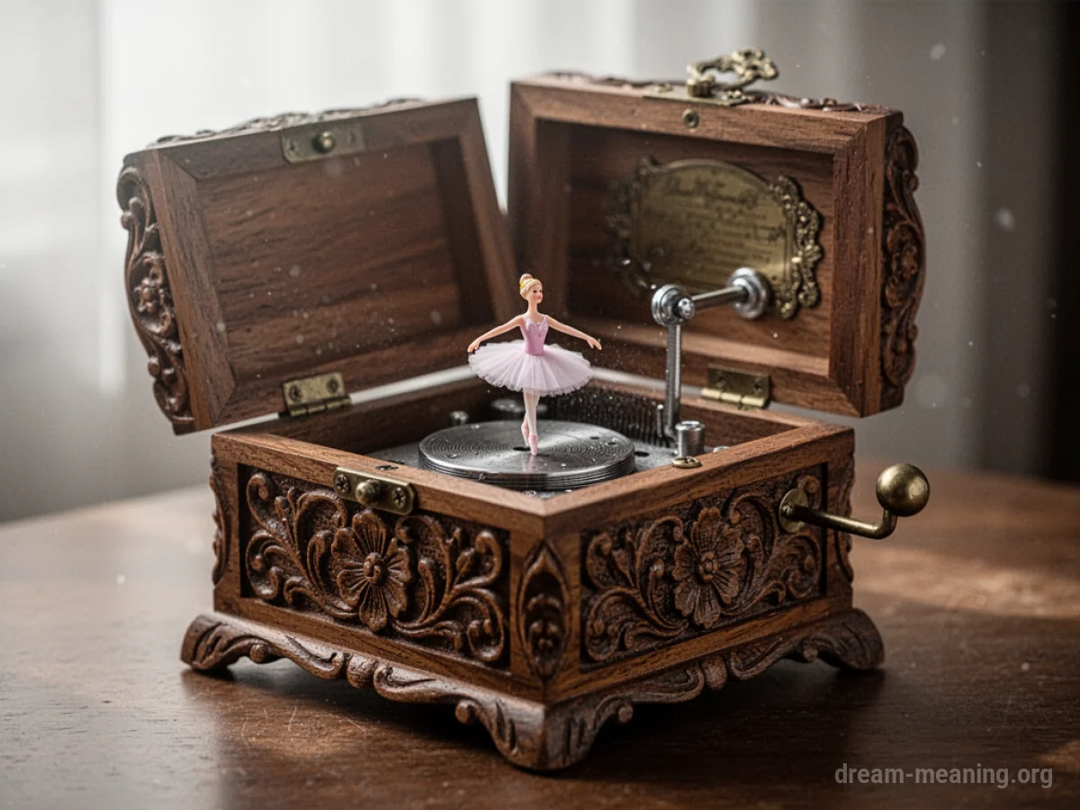 A vintage wooden music box with a ballerina figurine.