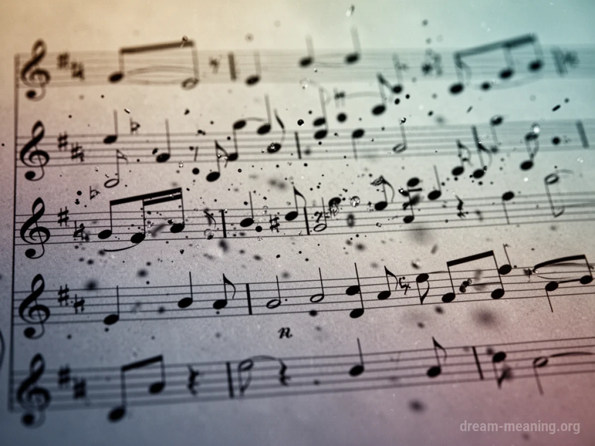 A musical score with varying note sizes and spacing against a gradient background.