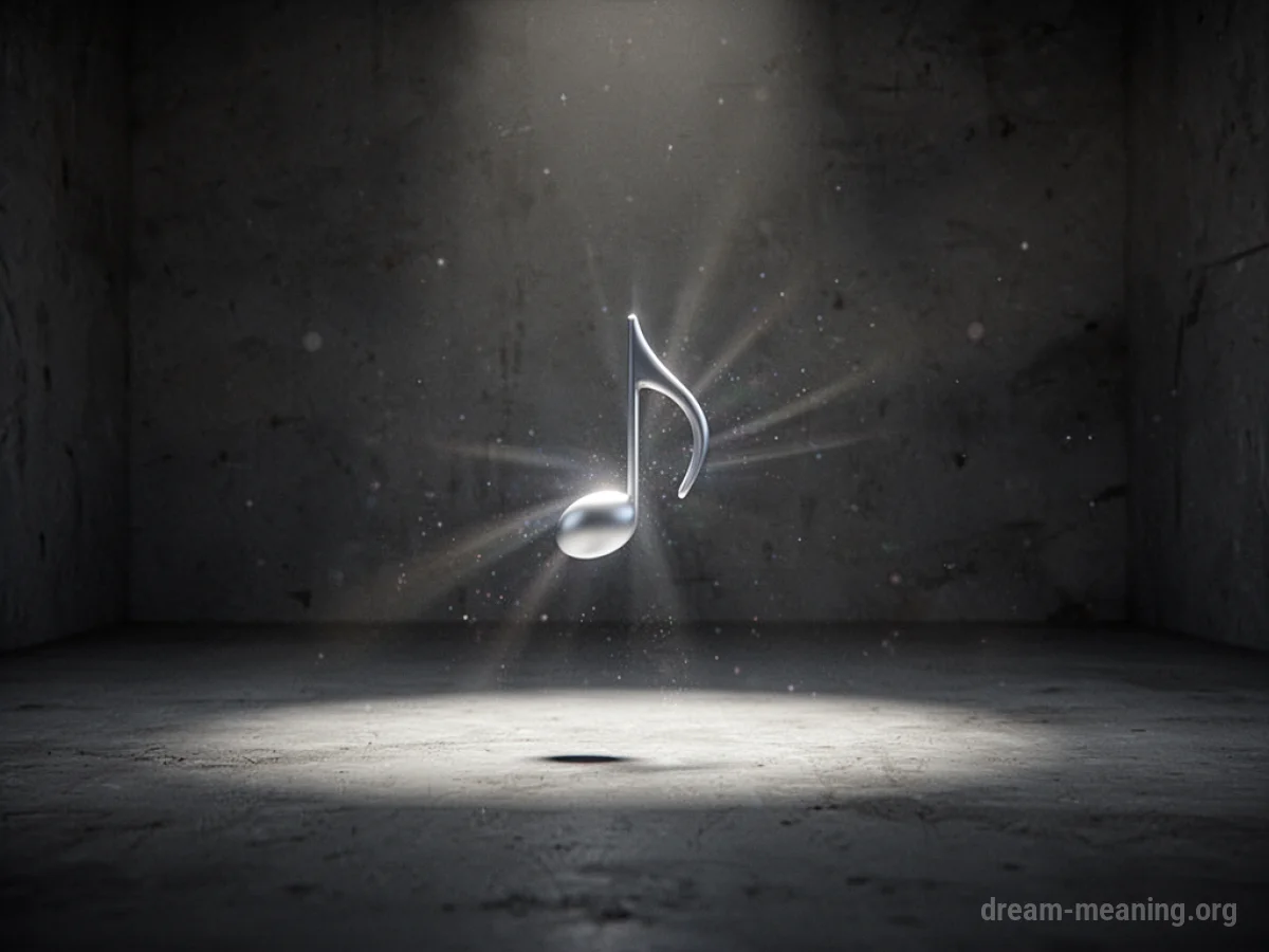 A solitary musical note glowing faintly in a dark, empty room.