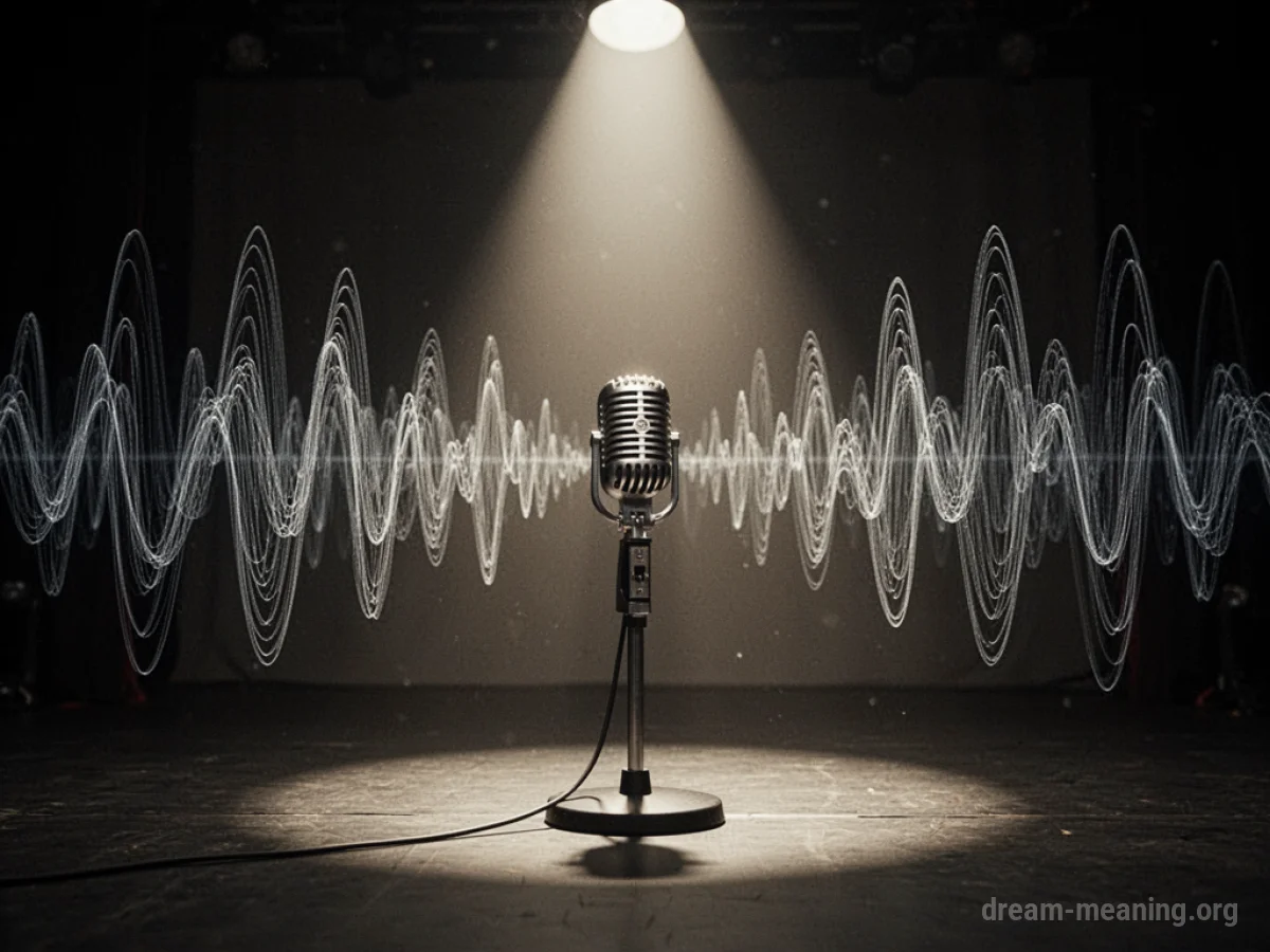 A microphone on a stage with radiating sound waves.