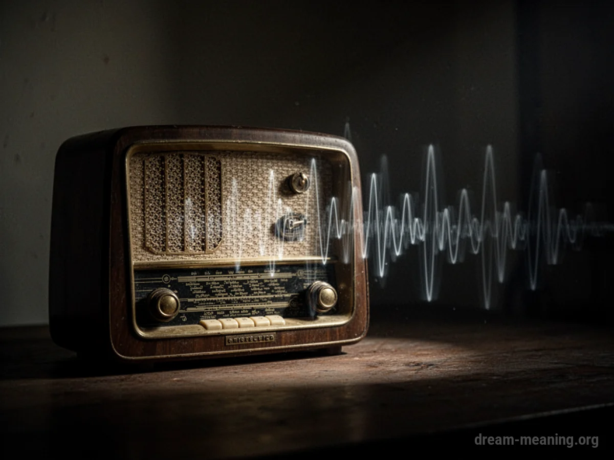 A vintage radio with faint sound waves emanating from it.