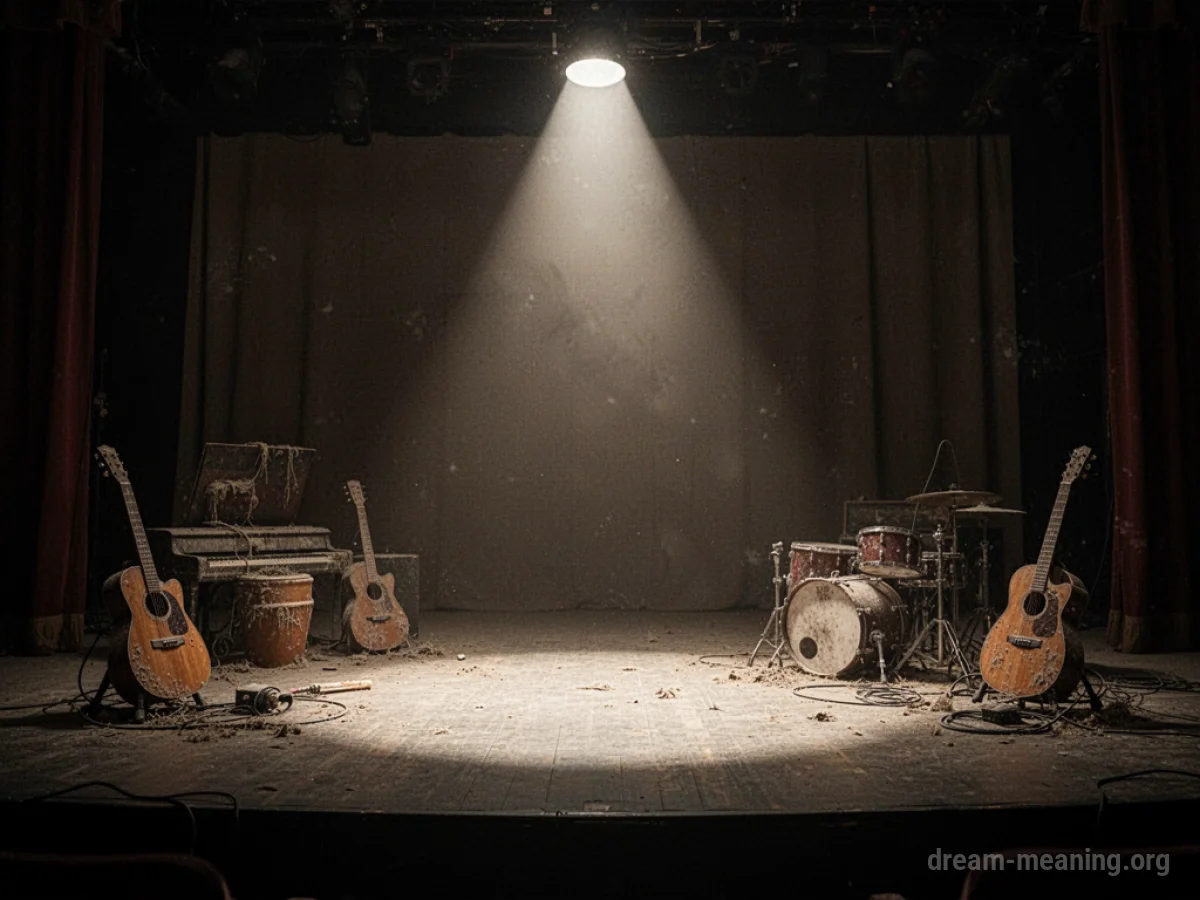 An empty stage with instruments under a single spotlight.