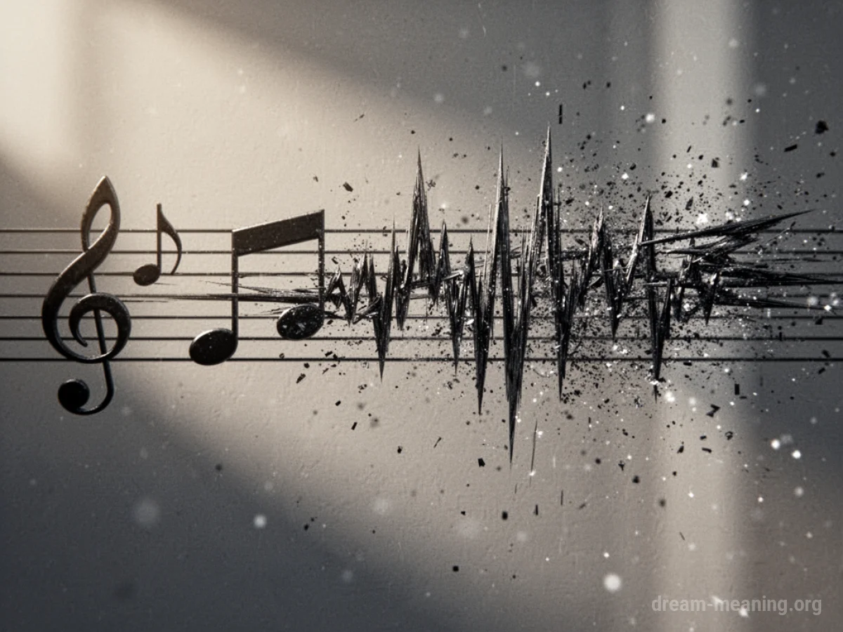 A musical staff with notes morphing into chaotic lines.